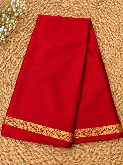 Pure Mysore Crepe Silk - Red Self Color & thin floral Border