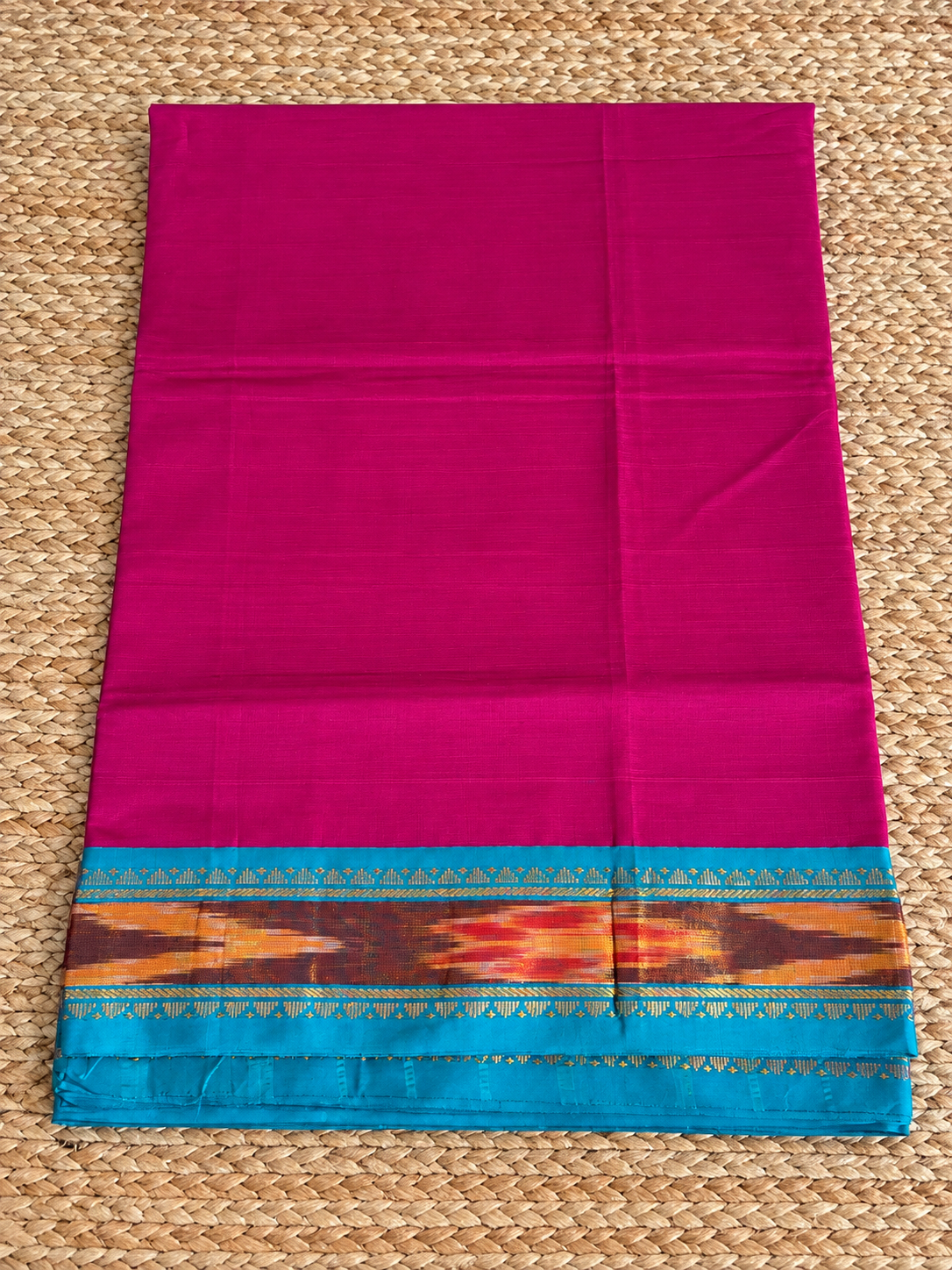 Pure Cotton - Magenta Plain with Ikat Border