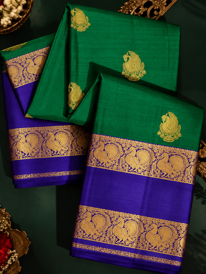 Pure Handloom Kanjeevaram - Green-Royal Blue Peacock Jhumka Motif