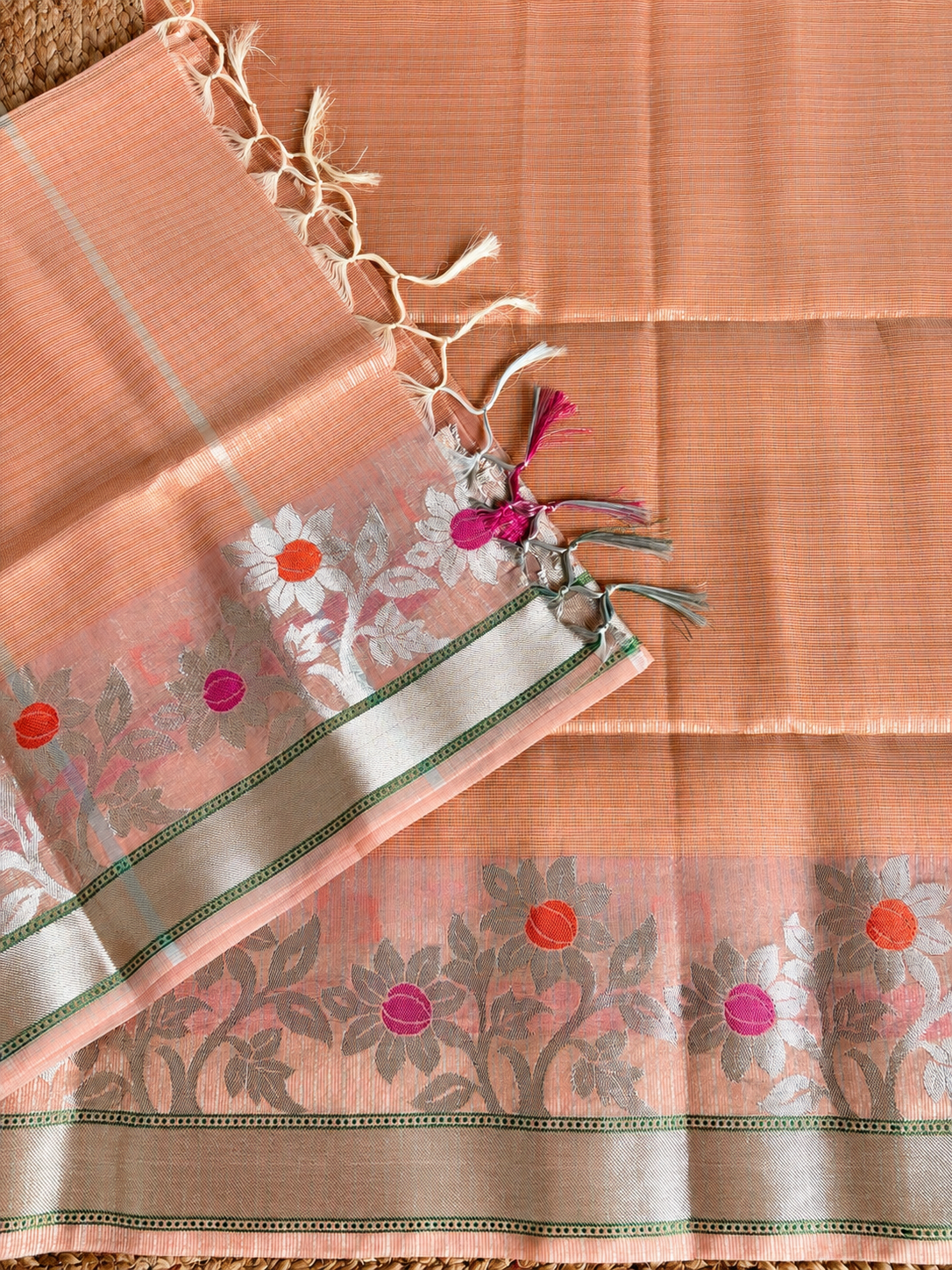 Kota Doria - Peach with floral designed border