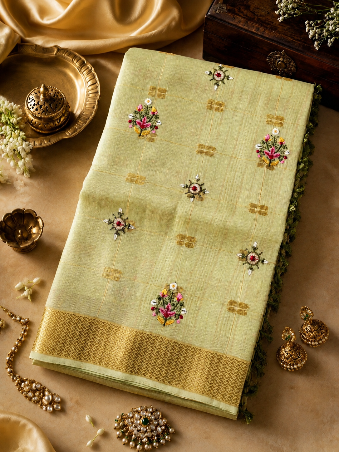 Pure Handloom Cotton - Pastel Green with handwork