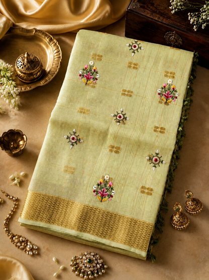 Pure Handloom Cotton - Pastel Green with handwork