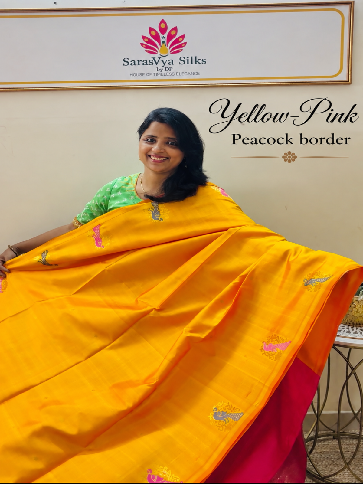Pure Handloom Soft Silk - Yellow Pink peacock design