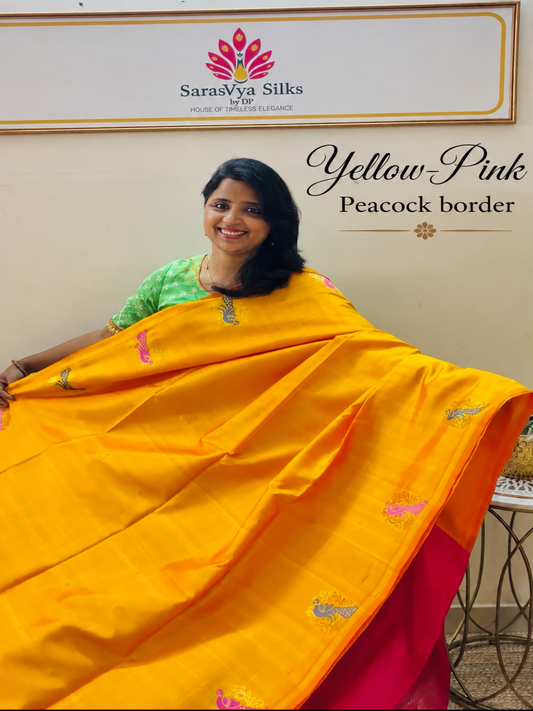 Pure Handloom Soft Silk - Yellow Pink peacock design