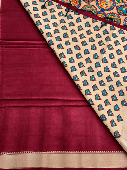 Khadi Raw Silk - Maroon Madhubani Design with Gold border