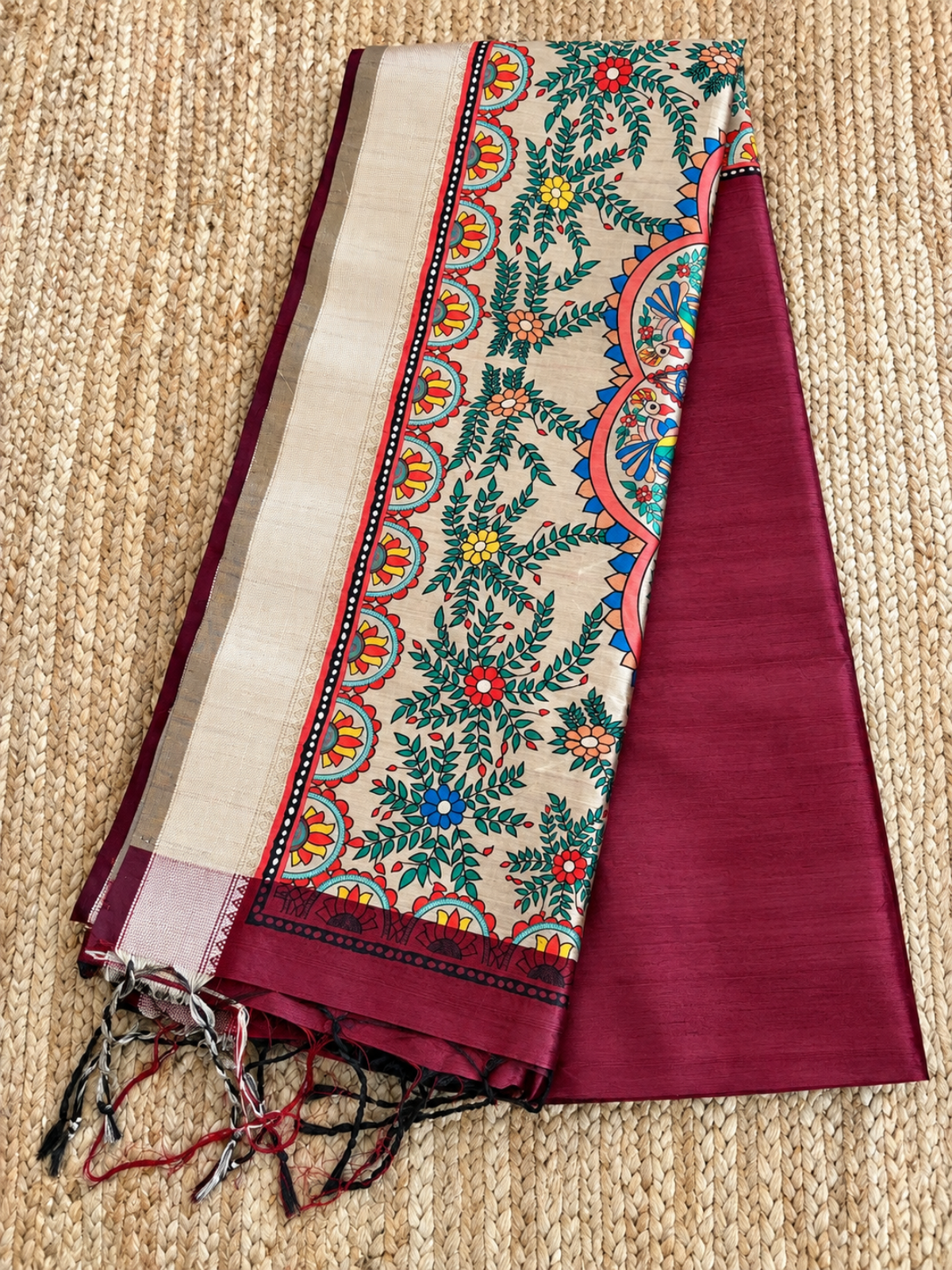 Khadi Raw Silk - Maroon Madhubani Design with Gold border