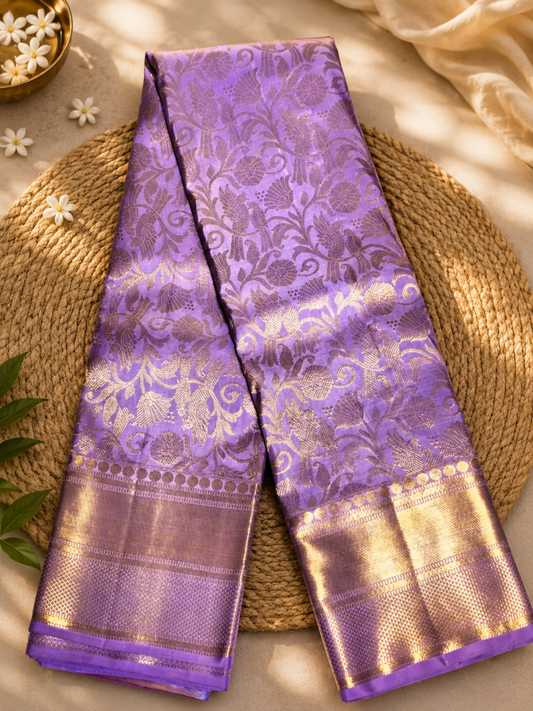 Pure Handloom Silk Kanjeevaram - Mauve Winged duo & Golden zari border