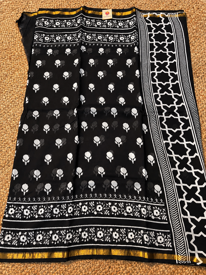 Pure Handloom Chanderi Cotton - Black with floral motif