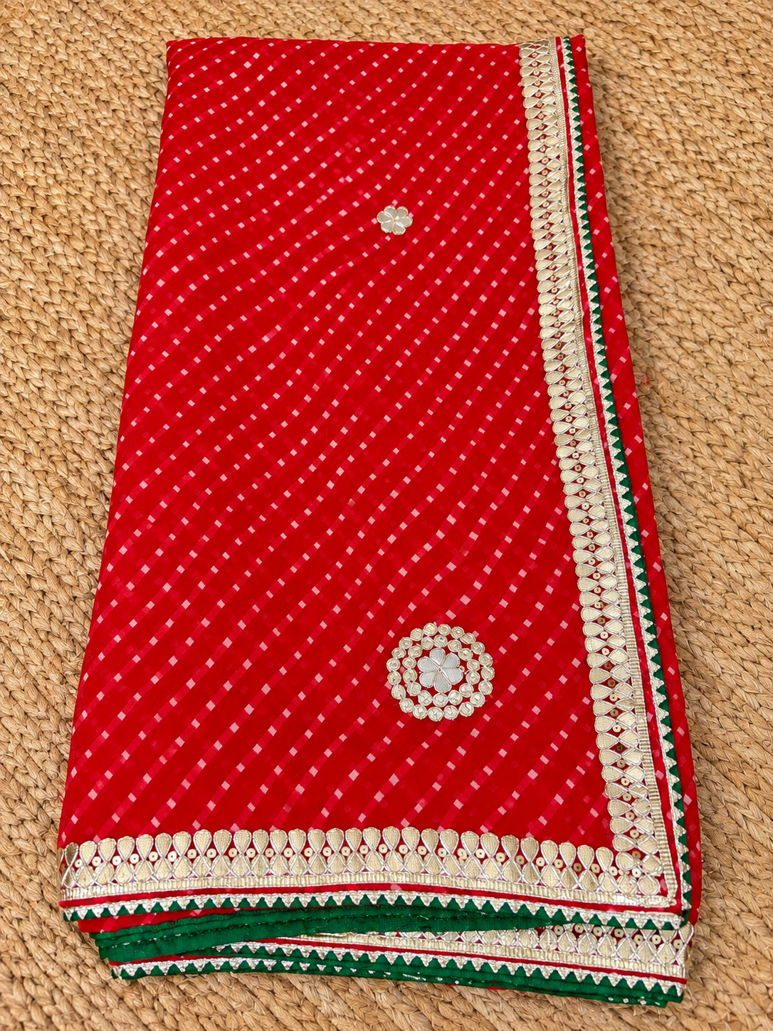 Rajasthani Mothda Saree - Red & Green lined border