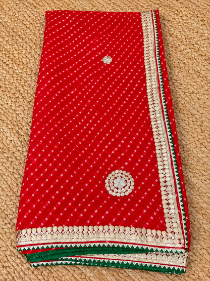 Rajasthani Mothda Saree - Red & Green lined border