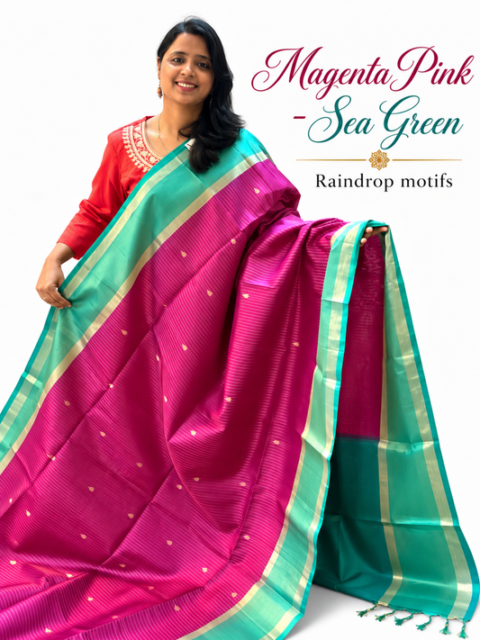 Pure Handloom Soft Silk -Magenta Pink & Sea Green