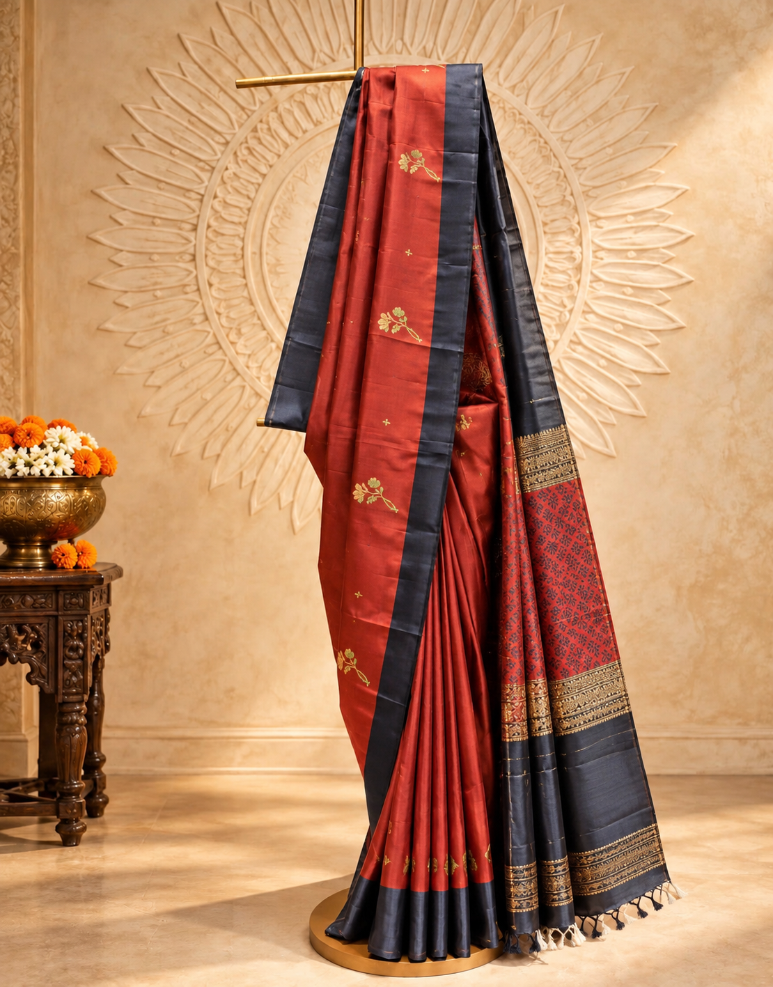 Pure Handloom Soft Silk -Maroon & Gray with floral motifs