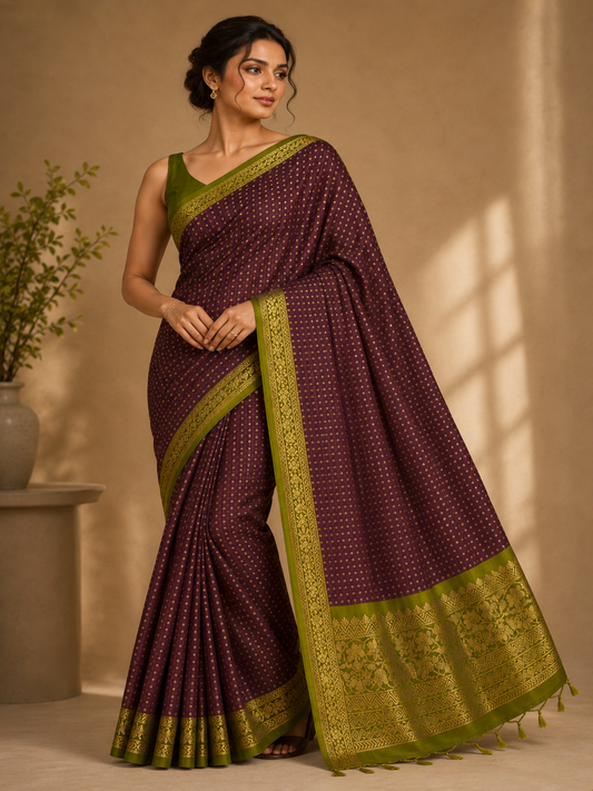 Pure Handloom Soft Silk - Maroon-Green 1000 boota with Kanchi border