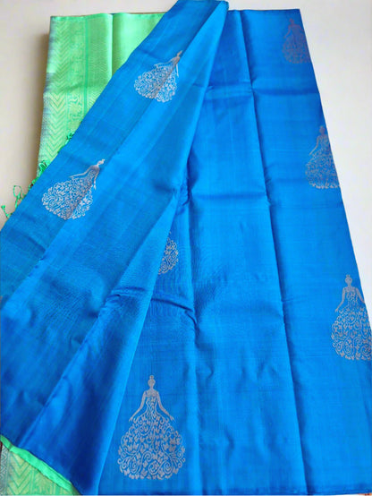 Pure Handloom Soft Silk - Aqua Blue & Aqua Green Diva Design
