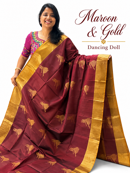 Pure Handloom Soft Silk - Maroon & Gold Dancing Mudra