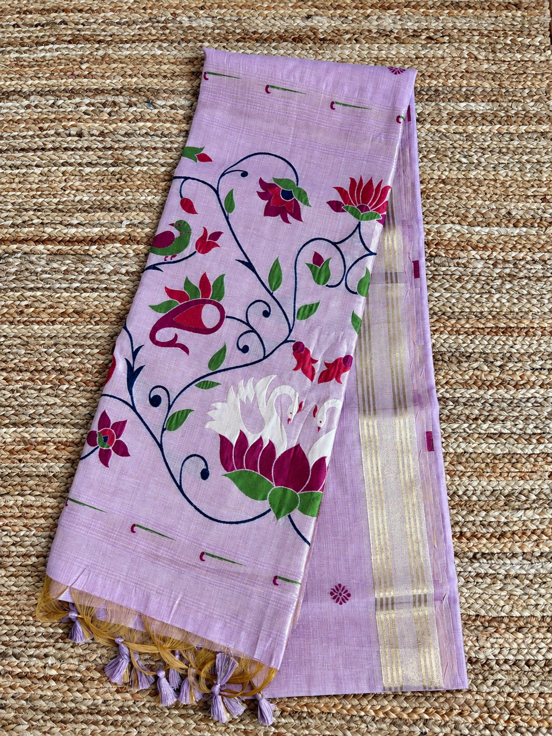 Muga cotton Paithani - Mauve with botanical floral pattern