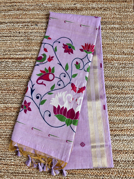 Muga cotton Paithani - Mauve with botanical floral pattern