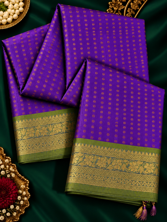 Pure Handloom Soft Silk - Vibrant Purple & Apple Green 1000 Boota & Kanchi Border