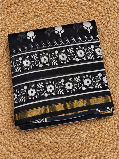 Pure Handloom Chanderi Cotton - Black with floral motif