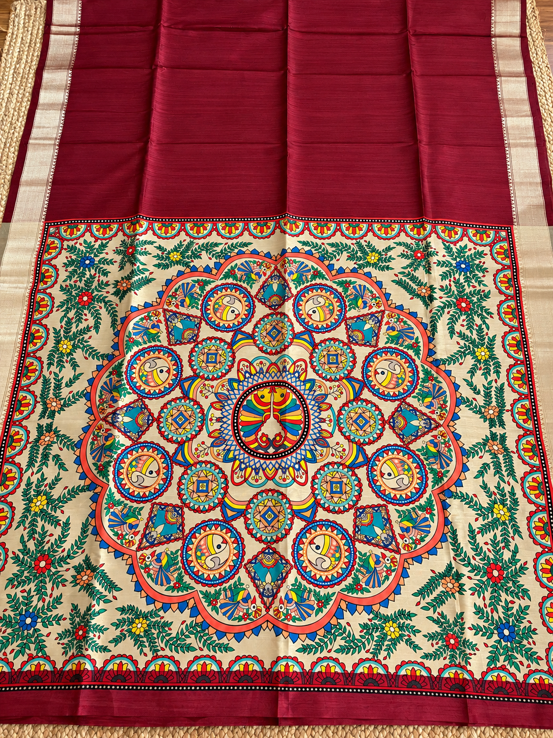 Khadi Raw Silk - Maroon Madhubani Design with Gold border