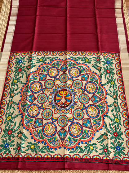 Khadi Raw Silk - Maroon Madhubani Design with Gold border