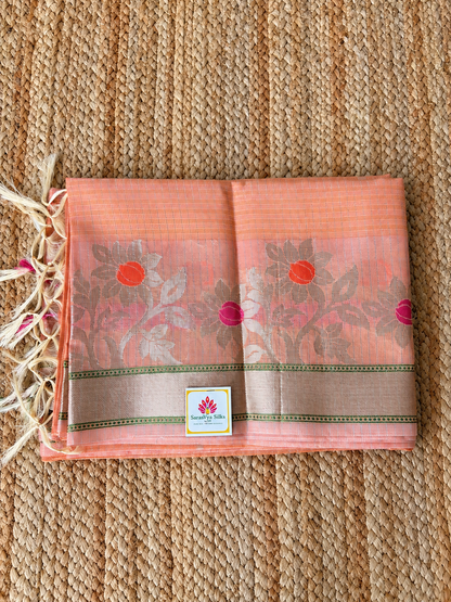Kota Doria - Peach with floral designed border