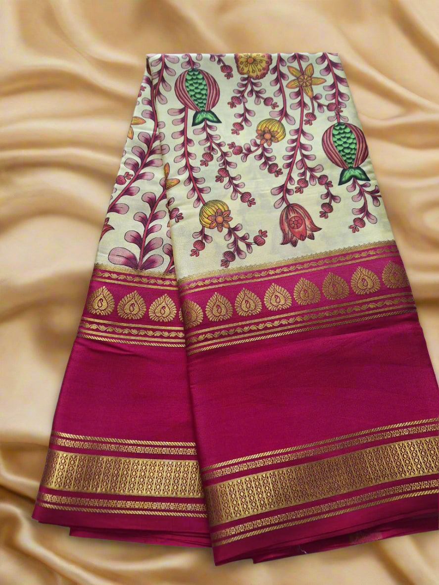 Pure Mysore Crepe Silk - Creme & Bold Pink Anaar Kalamkari