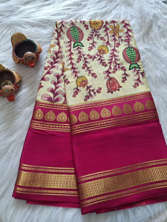 Pure Mysore Crepe Silk - Creme & Bold Pink Anaar Kalamkari