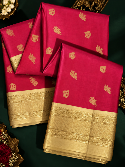 Pure Handloom Silk Kanjeevaram - Coral color with Elephant & Temple Motif