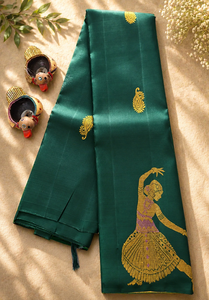 Pure Handloom Kanjeevaram Silk - Bottle Green Dancing doll with big designer bootas