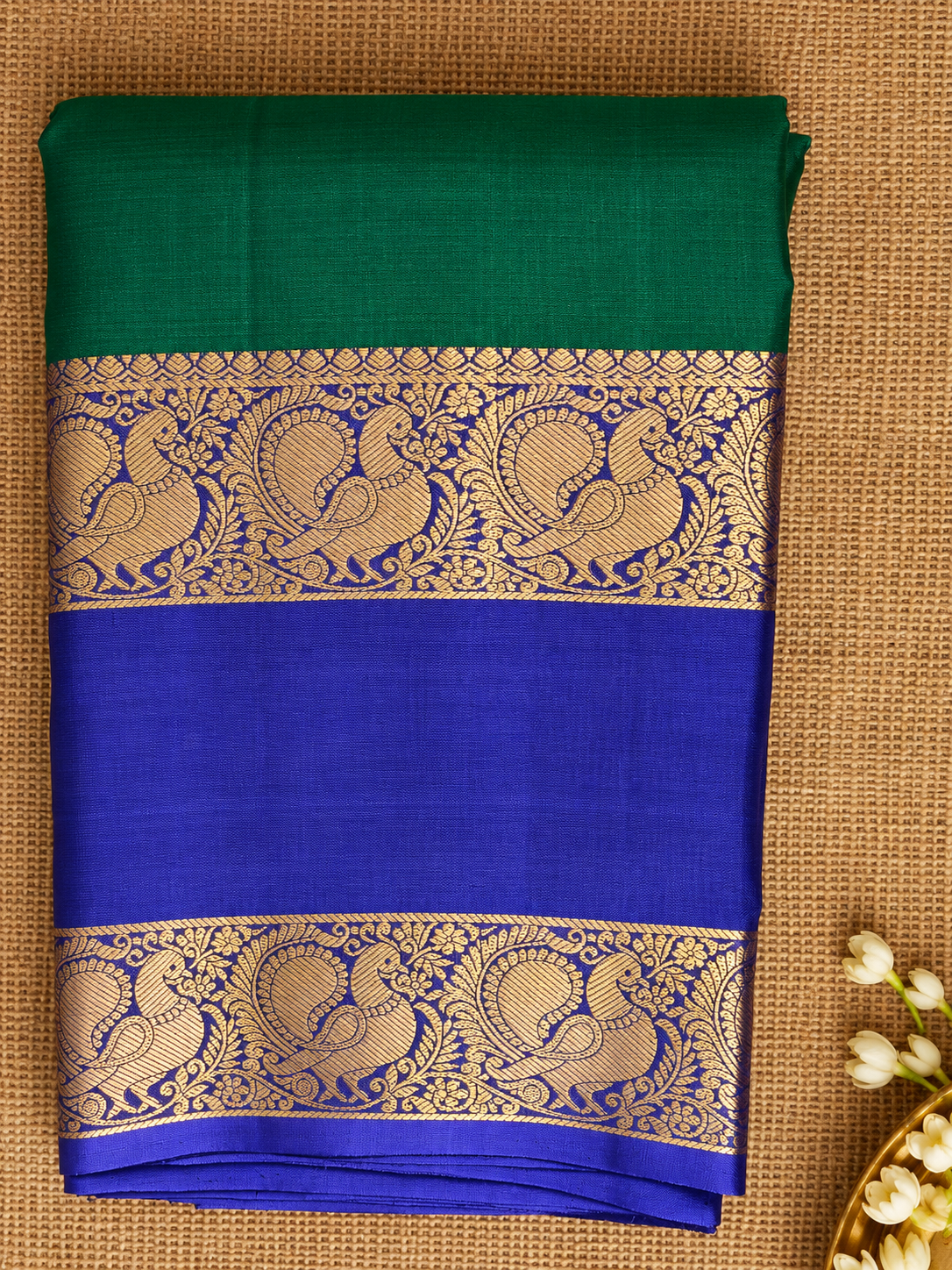 Pure Handloom Kanjeevaram - Green-Royal Blue Peacock Jhumka Motif