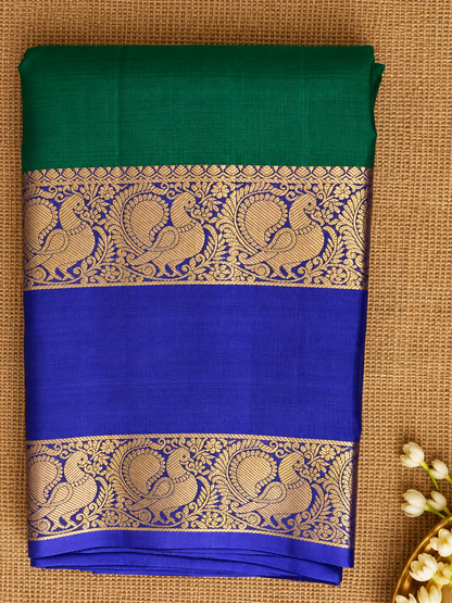 Pure Handloom Kanjeevaram - Green-Royal Blue Peacock Jhumka Motif