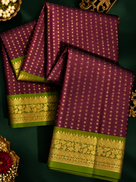 Pure Handloom Soft Silk - Maroon-Green 1000 boota with Kanchi border