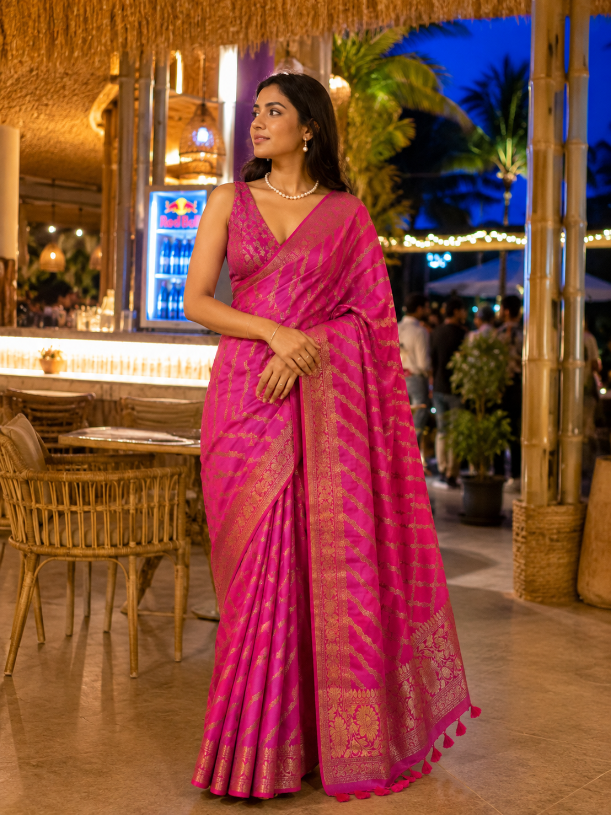 Pure Handloom Banarasi Silk - Rani Pink Gold Antique Zari