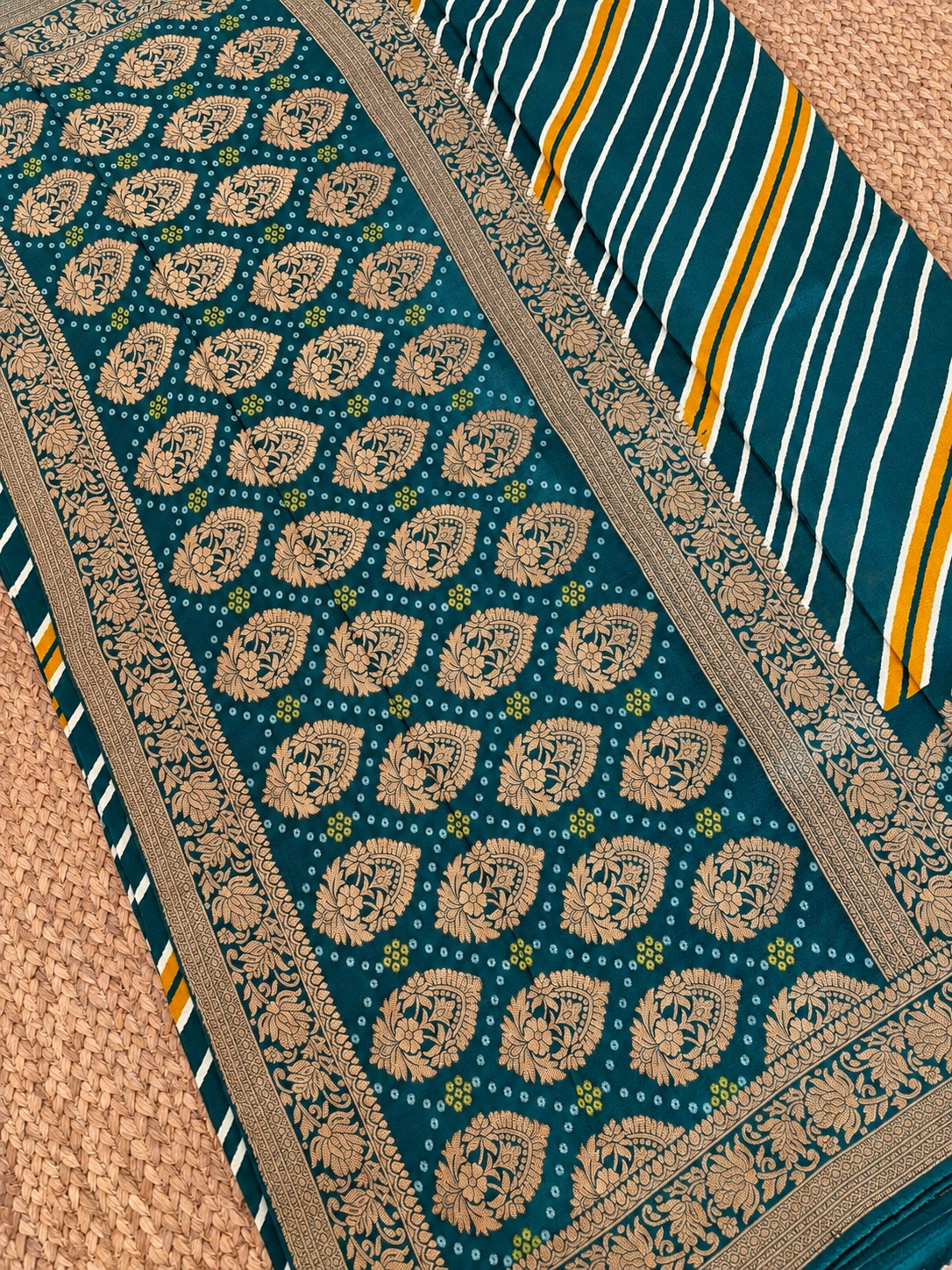 Banarasi Crepe - Teal Green Designer Leheriya pattern
