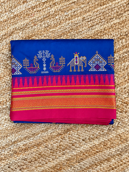 Malai Silk with Kasuti embroidery - Royal Blue & Pink