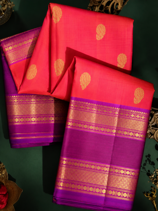 Pure Handloom Kanjeevaram - Red-Purple Dual Tone Mango Leaf Motif