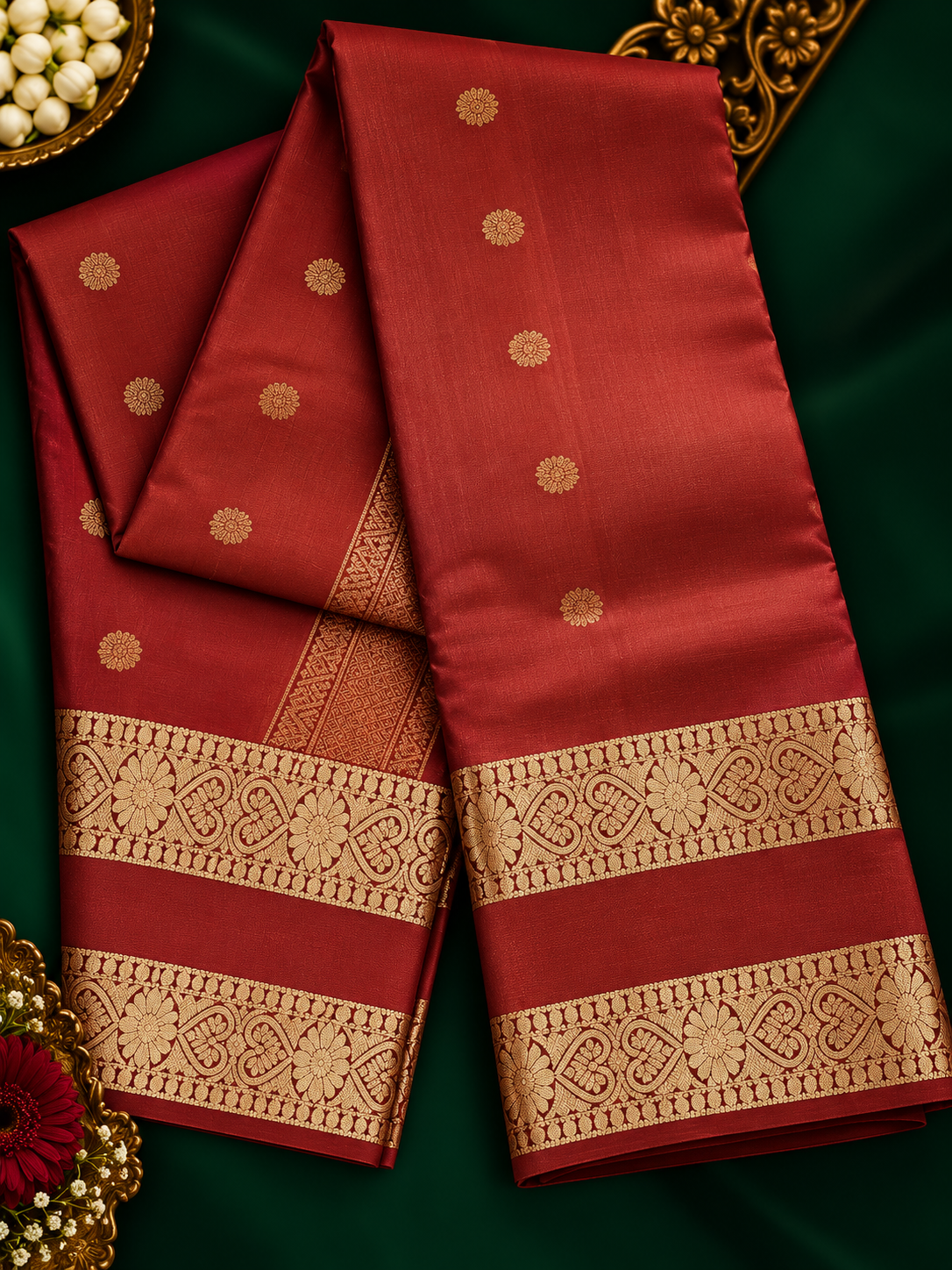 Pure Handloom Kanjeevaram Silk - Brick red Rudraksh & Bentex border