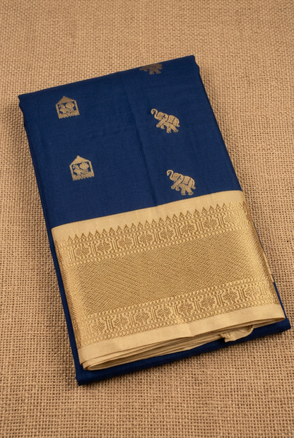 Pure Handloom Silk Kanjeevaram - Steel Navy with Elephant & Temple Motif