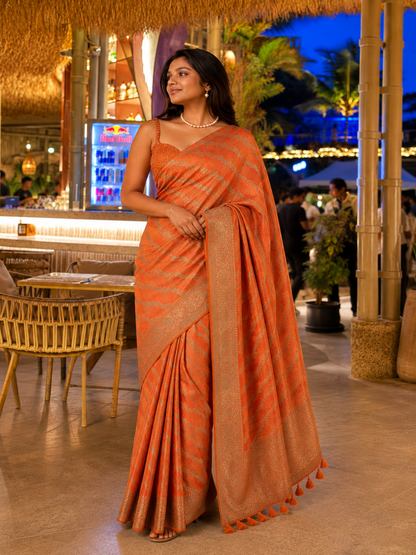 Pure Handloom Banarasi Silk - Orange gold Antique Zari