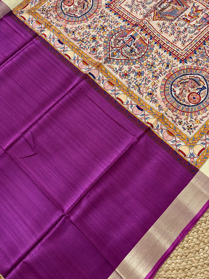 Khadi Raw Silk - Magenta Madhubani Design with Gold border