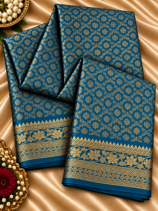 Pure Handloom Soft Silk - Teal Blue Brocade & Kanchi border