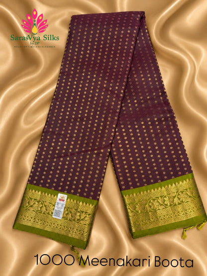Pure Handloom Soft Silk - Maroon-Green 1000 boota with Kanchi border