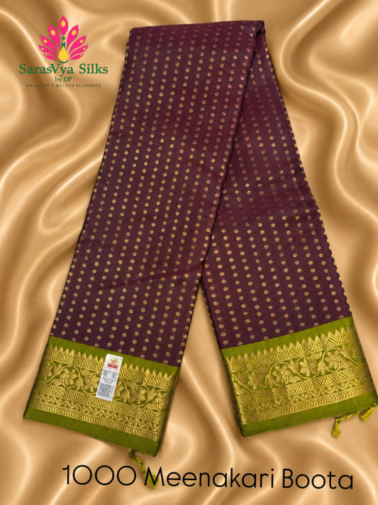 Pure Handloom Soft Silk - Maroon-Green 1000 boota with Kanchi border