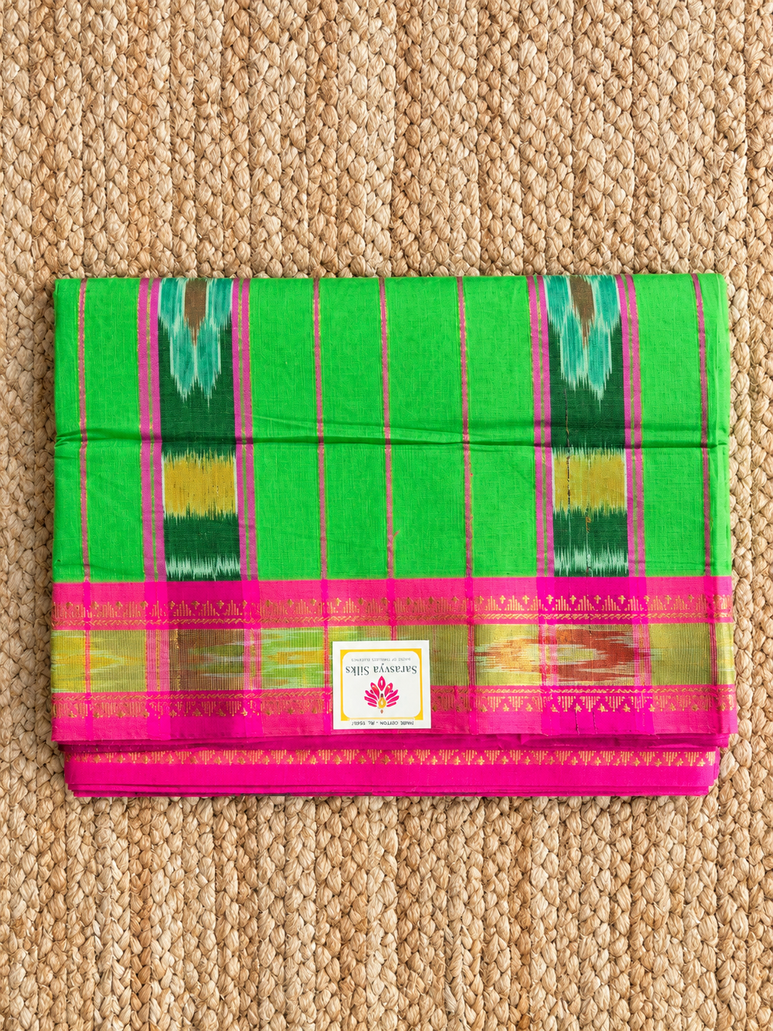 Pure Cotton - Green & Pink Plain with Ikat Border