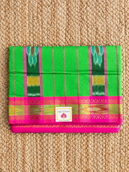 Pure Cotton - Green & Pink Plain with Ikat Border