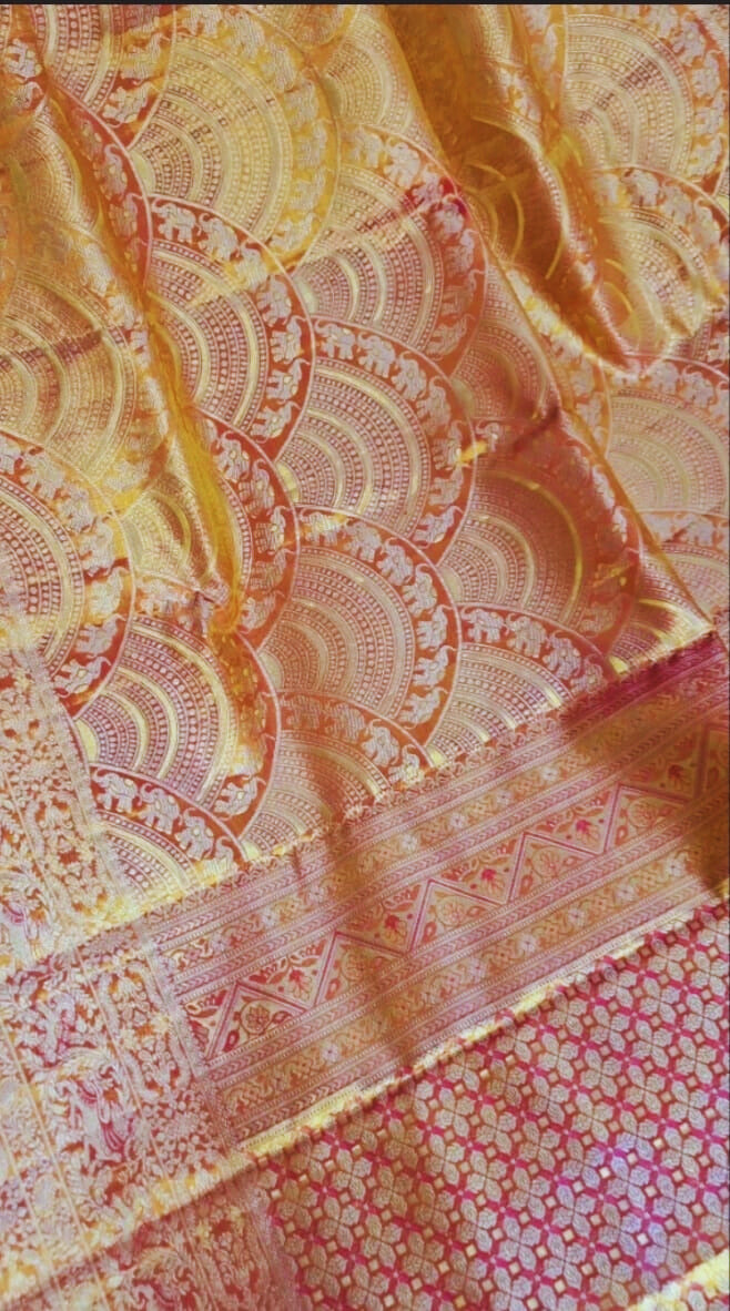 Pure Silk Kanjeevaram-Dual Tone Rust Gold Meenakari 1.5g Kanchi Tissue