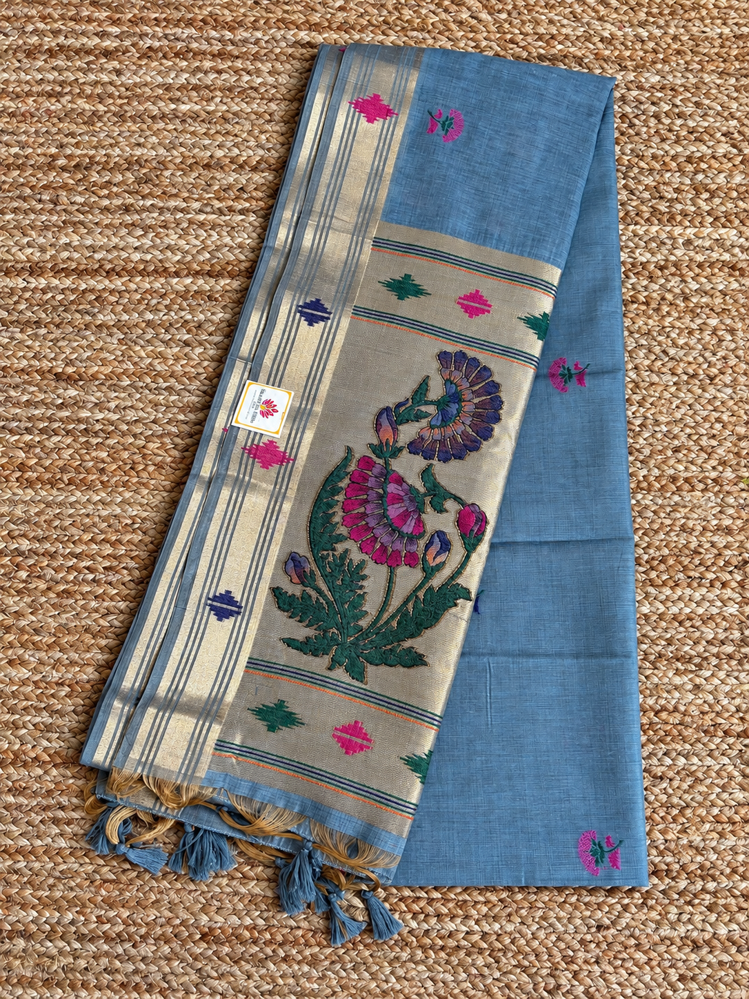 Muga cotton Paithani - Earthy Blue with botanical resham weave