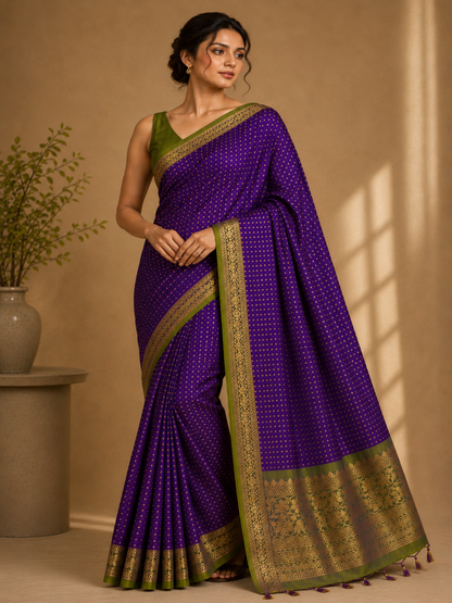 Pure Handloom Soft Silk - Vibrant Purple & Apple Green 1000 Boota & Kanchi Border
