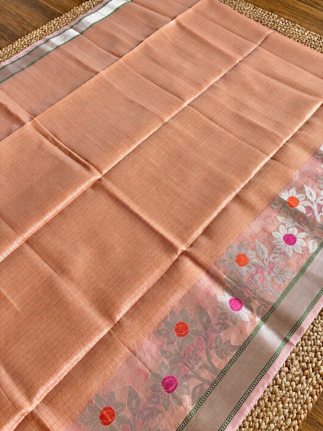 Kota Doria - Peach with floral designed border